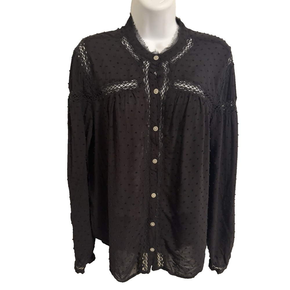 Free People Black Swiss Dot Blouse ~M~Peasant Whimsigoth Victorian Dark Fairy